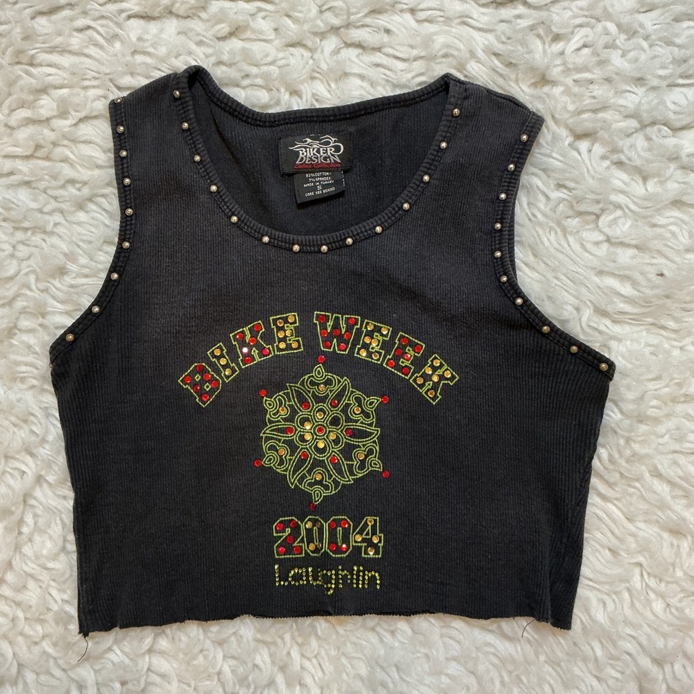 Biker Design‎ Tank Top Womens Small Black Excellent 2004 Laughlin Bike Week Crop